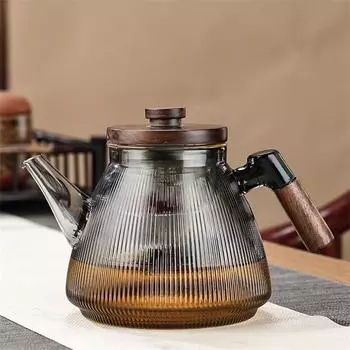 Чайник из боросиликатного стекла Stripe с ручкой из орехового дерева, стеклянный чайник двойного назначения для приготовления пищи и приготовления на пару, чайная утварь