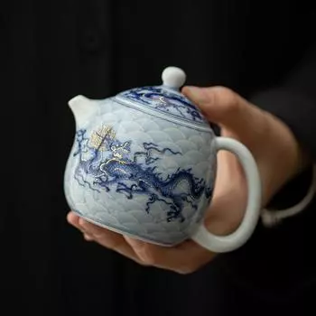 Чайник с синим и белым драконом, инкрустированный металлом, одинарный, керамический, фарфоровый, китайский, с драконом кунг-фу, для приготовления чая пуэр