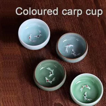 Чайные чашки из фарфора Longquan Celadon, китайский чайник Kungfu, золотая рыбка, чашка для чая, миска 60 мл, набор чашек Crackle, Прямая поставка