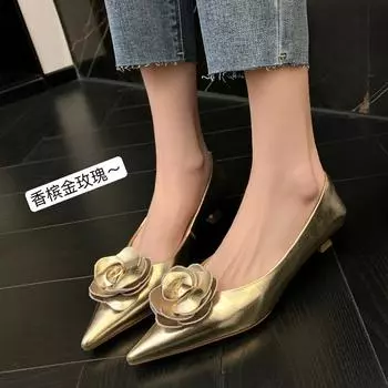 Champagne Rose~ Spring 2025 Pointed Head Shallow Mouth Medium Heel Temperament Celebrity French Kitten Heel Single Shoe Woman 35 золотой
