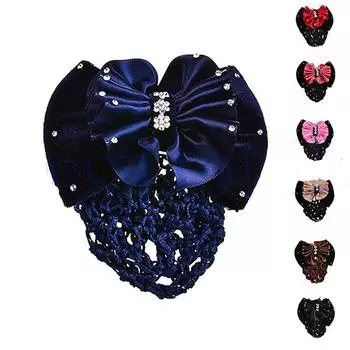 Charm Lady Rhinestone Barrette Bow Net Bun Snood Hair Clip Cover Bowknot синий