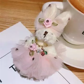 Charming Plush Rabbit Bear Keychain with Bow & Flower - Cute Bag Pendant in Wedding Dress Style белый