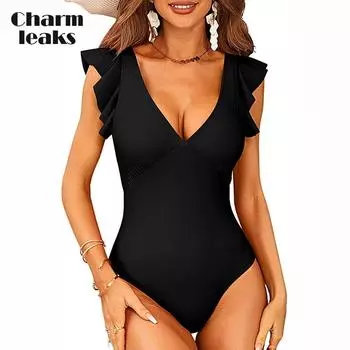 Charmleaks цельный купальник с рюшами, купальный костюм, купальник с глубоким V-образным вырезом и вырезом сзади, купальный костюм S красный