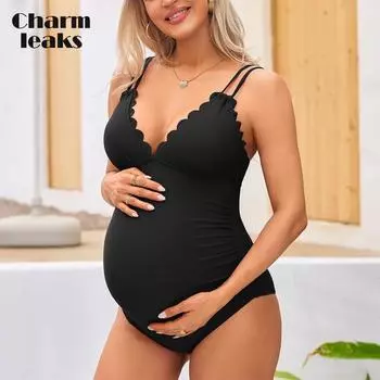 Charmleaks Купальник для беременных с отделкой гребешком Цельный купальный костюм для беременных с v-образным вырезом и рюшами Купальники с вырезом и завязкой на спине S чёрный