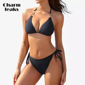 CharmLeaks Women Halter Bikini String 2 Piece Triangle Swimsuit Tie Side Swimwear S чёрный
