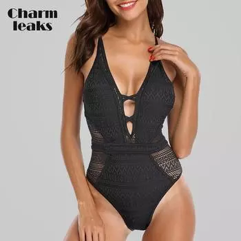 Charmleaks женский цельный купальник сетчатый купальный костюм с глубоким v-образным вырезом бандажный сексуальный купальный костюм монокини S чёрный