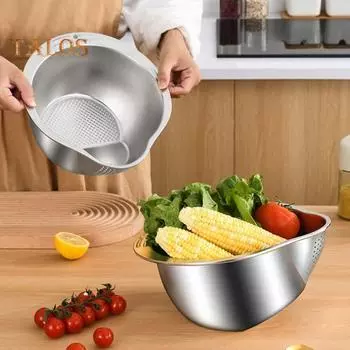 Чаша для мытья риса с ситечком, пищевая корзина для очистки овощей, фруктов, фасоли с отверстиями для тонкого фильтра, универсальный инструмент для кухни серебряный