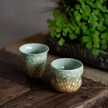 Чашка Celadon Gradient Master, большая рельефная чашка для чая ручной работы, одинарная керамическая чашка, кружка для дома, чайный сервиз в стиле кунг-фу, благоприятное облако 80-110ml