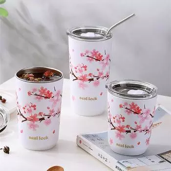 Чашка для кофе из нержавеющей стали с узором вишневого цвета, термокружка с крышкой, дорожная кружка для молока, чая, герметичная, с двойными стенками, для воды 301-600ml