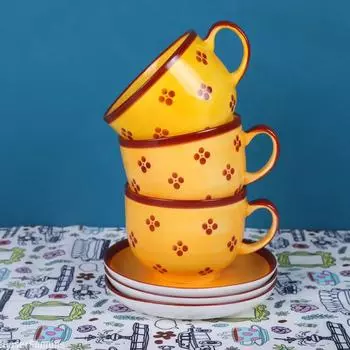 Чашка Monica Kitchen Желтый набор чашек и блюдец Художественный принт Кофейный напиток Пара Завтрак Тарелка Кухонные принадлежности Простая керамика оранжевый
