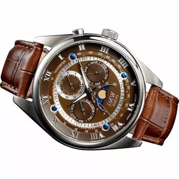 Часы Advanced Moon Phase из натуральной кожи с ремешком с римскими цифрами, водонепроницаемостью 100 м, тахиметром, подарок на 300 экземпляров, подарок на день [JMW TOKYO]