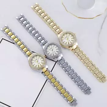 Часы-браслет с круглым циферблатом, кварцевый механизм, точное время, металлический ремешок, украшение со стразами, не водонепроницаемые, роскошные женские наручные часы для платья