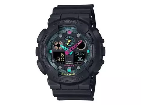 Часы CASIO G-SHOCK GA-100MF-1AJF, разноцветные флуоресцентные цвета, матовые черные, 51,2 мм, НОВЫЕ