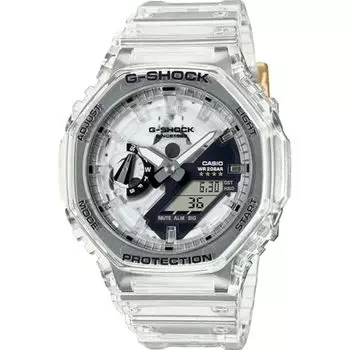 Часы Casio Unesix 40th Anniversary CLEAR REMIX цифровые аналоговые с белым циферблатом из смолы прозрачный ремешок прозрачный спортивный браслет G-SHOCK GA-2140RX-7ADR,