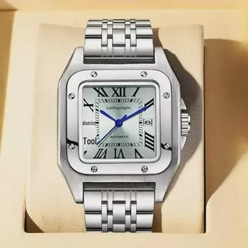 **Часы Duke of Lorraine 1982 Hollow Automatic, большая стальная цепочка, синие стрелки, застежка-бабочка**