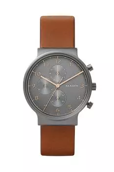 Часы-хронограф Skagen Ancher Quartz из нержавеющей стали и кожи, коричневые, мужские: Серый, (модель: SKW6418)