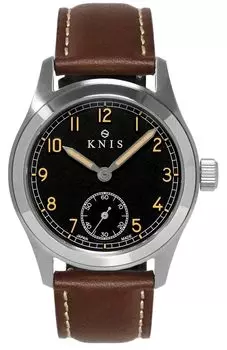Часы KNIS Varnish Made in Japan, ретро-часы в стиле милитари, сапфировое стекло, водонепроницаемость 10 АТМ, черный циферблат, коричневая кожа, мужские KN003-BKBRLE чёрный