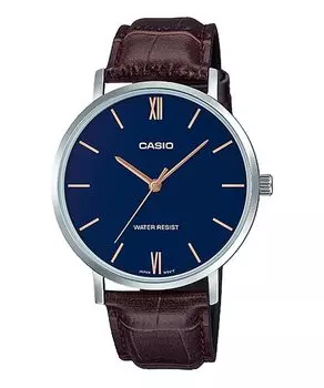 Часы кварцевые CASIO с ремешком из темно-синего и коричневого кожи, модель Overseas [Casio] мужские MTP-VT01L-2B [Товар]
