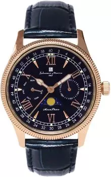 Часы Moon Phase Multi Calendar 5 ATM Waterproof Business Formal Leather Belt Limited Model Pink Gold Blue [Salvatore Mara] Men s SM24110-PGBL синий