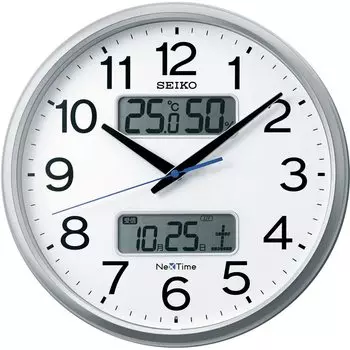 Часы настенные Seiko Clock офисного типа с радио аналоговым календарем и дисплеем температуры и влажности Seiko Nextime серебристый металлик диаметр 35 см ZS250S 04 01