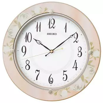 Часы настенные Seiko радио аналоговые деревянная рамка светло-розовый цветочный узор KX220P светло-розовый