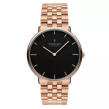 Часы Nordgreen Native Scandinavian Design с черным циферблатом и браслетом из розового золота с 5 звеньями, 40 мм