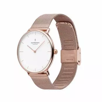 Часы Nordgreen Native Unisex Rose Gold в скандинавском стиле с белым циферблатом и сетчатым ремешком из розового золота 36 мм