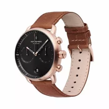 Часы Nordgreen Pioneer Minimal Design, розовое золото, 42 мм, хронограф, черный циферблат, коричневый кожаный ремешок для часов, мужские