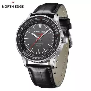 Часы NORTH EDGE EVOQUE 3 Pilot Series для мужчин, авиационные, военные, на солнечных батареях, кожаный ремешок, светящийся корпус из нержавеющей стали чёрный