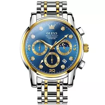 Часы OLEVS Blue Arm, стильные популярные кварцевые часы, аналоговые водонепроницаемые деловые часы, спортивные часы с металлическим ремешком, повседневные крутые часы с хронографом, большие часы