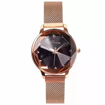 Часы RORIOS Часы Starry Sky Dial Glitter Водонепроницаемые сетчатый ремешок Магнитная застежка Кварцевые повседневные стильные розовое золото женские для работы/учебы