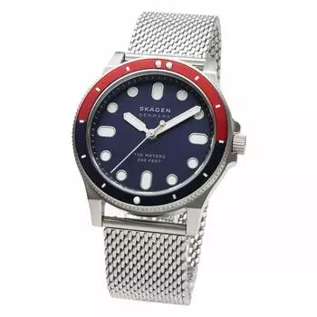 Часы Skagen SKAGEN Fisk Navy Red с сетчатым браслетом из нержавеющей стали, водонепроницаемость 100 м, тонкие и легкие часы, простой скандинавский дизайн, SKW6668, мужские