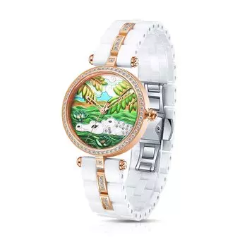 Часы Time100 Relief Ceramic с японским кварцевым механизмом и бриллиантами, рельефный узор #W50352L.03A (Зеленый + Крышка)