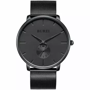 Часы Timeless Quartz Casual Net H [BUREI] Мужские часы, черные, простые, стильные, популярные, часы, мужской бренд, водонепроницаемые, черные, часы, ремень, мужские