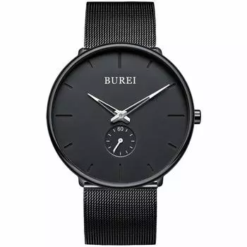 Часы Timeless Quartz Casual Net Watch B [BUREI] Мужские часы, черные, простые, стильные, популярные, часы, мужской бренд, водонепроницаемые, черные, часы, ремень, мужские