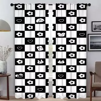 Checkerboard Tulle for Bedroom Partition Window Curtain for Room 2 Panel Curtains Child Room Home Interior Curtains Shades W50xH70cmx2pcs-CL