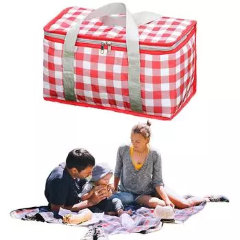 Checkered Picnic Bag Large Capacity Portable Ice Pack Bag Cold Protection Insulated Lunch Bag Waterproof for Beach School Office красный