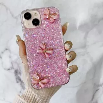 Чехол-бампер с 3D бабочкой и блестками для iPhone 15, 14, 13, 12 Pro Max, Samsung Galaxy Girls, милый мягкий силиконовый противоударный чехол для задней панели iPhone 6/6s розовый