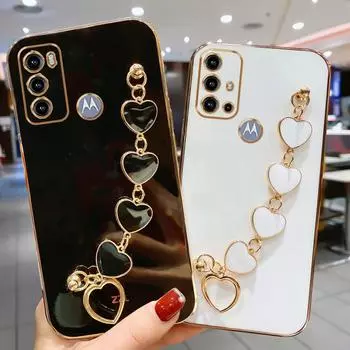 Чехол-браслет с покрытием Love Heart для Motorola Moto G60 G20 G30 G50 4g 5g G22 E20 G10 G52 G8 G9 E7 Power Play Plus, чехол-цепочка Moto E7 Power золотой/розовый