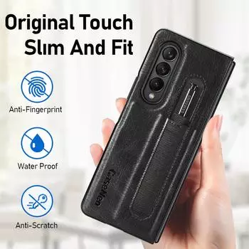 Чехол-держатель для ручек для Samsung Galaxy Z Fold 3 5g Pu + ПК Кожаный чехол с отделением для ручки Антидетонационные роскошные чехлы для Fold3 F9260 Модный логотип чёрный