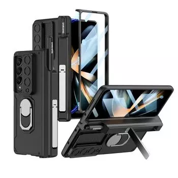 Чехол-держатель для ручек Ebesfous с магнитной защитой для Samsung Galaxy Z Fold 4 5g, магнитные чехлы на шарнирах с передним стеклом, 2 кронштейна, крышка объектива For Galaxy Z Fold 4 чёрный