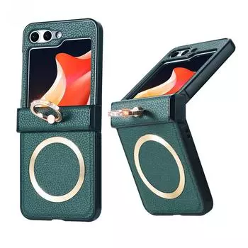 Чехол-держатель Magsafe Shockproof PU Leather Case для Samsung Galaxy Z Flip 6 5 4 3 3 в 1 Hinge PC Anti-Knock Magnetic Foldbale Cover For Samsung Z Flip 5 чёрный