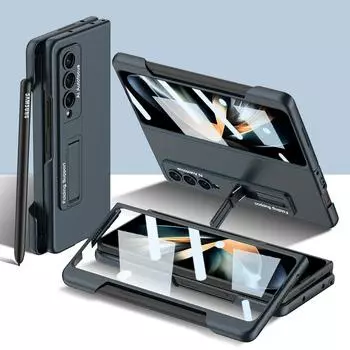 Чехол-держатель с боковым S-держателем для Samsung Galaxy Z Fold 4, 5 г, ультратонкий матовый жесткий чехол-подставка для ПК со стеклом экрана (Нет S Pen ) No S Pen золотой