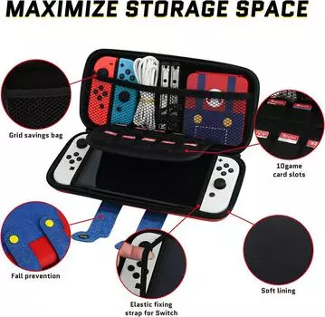 Чехол для хранения EVA Switch, совместимый с Nintendo Switch/OLED, симпатичный портативный чехол для Switch с 10 держателями для игр для Mario