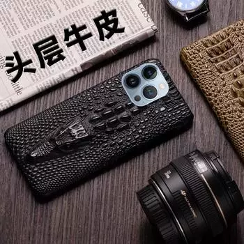 Чехол для iPhone 11/13 Pro Max и Apple 14: 3D Голова крокодила Натуральная коровья кожа iPhone 15 Pro