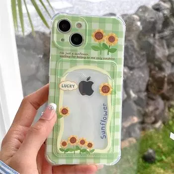 Чехол для iPhone 14/15/12 Pro с принтом «Подсолнух» и зеленым узором для iPhone 11/13 XR/XS Max со вставкой для карт. прозрачный
