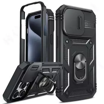 Чехол для iPhone 15 14 13 12 11 Pro XS Max XR 8 7 Plus, слайдер для камеры, броня военного класса, вращающаяся на 360 градусов броневая крышка iPhone 15 Pro Max чёрный