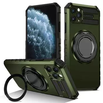 Чехол для iPhone 15 14 13 12 11 Pro Max с магнитным кольцом-держателем, защитные подставки Magsafe Len, полный зеркальный чехол, чехлы-подставки For iPhone 11 темно-зеленого