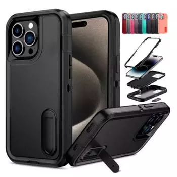 Чехол для iPhone 15 14 13 12 11 Pro Max XS XR 8 7 Plus сверхпрочный противоударный прочный защитный чехол с подставкой iPhone 16 Pro Max чёрный