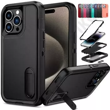 Чехол для iPhone 16 11 13 12 14 15 Pro Max XS XR 8 Plus, прочный, ударопрочный, устойчивый к царапинам, с подставкой iPhone 15 Pro Max чёрный